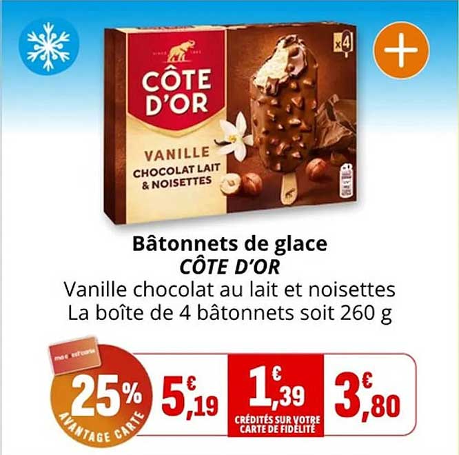 Bâtonnets de glace CÔTE D’OR Vanille chocolat au lait et noisettes La boîte de 4 bâtonnets soit 260 g