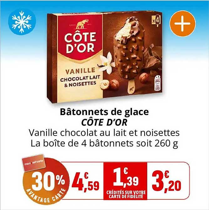 Bâtonnets de glace CÔTE D'OR Vanille chocolat au lait et noisettes La boîte de 4 bâtonnets soit 260 g