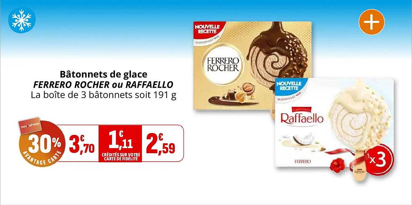 Bâtonnets de glace FERRERO ROCHER ou RAFFAELLO La boîte de 3 bâtonnets soit 191 g