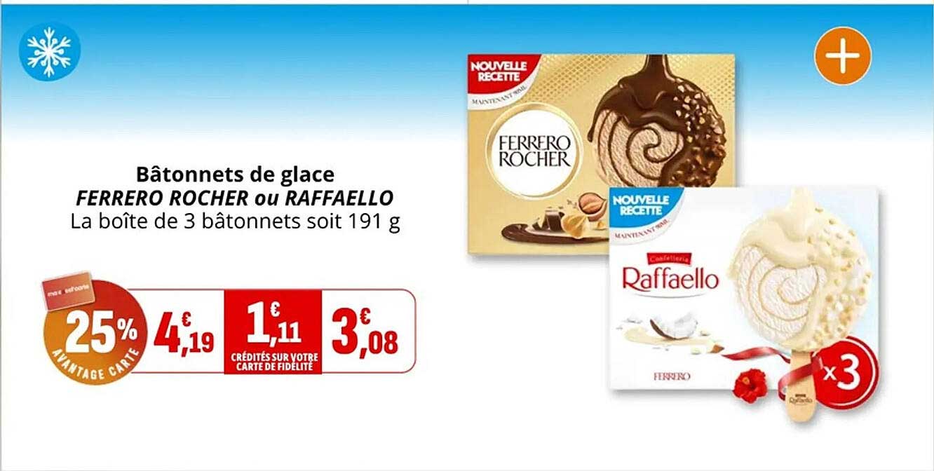 Bâtonnets de glace FERRERO ROCHER ou RAFFAELLO La boîte de 3 bâtonnets soit 191 g