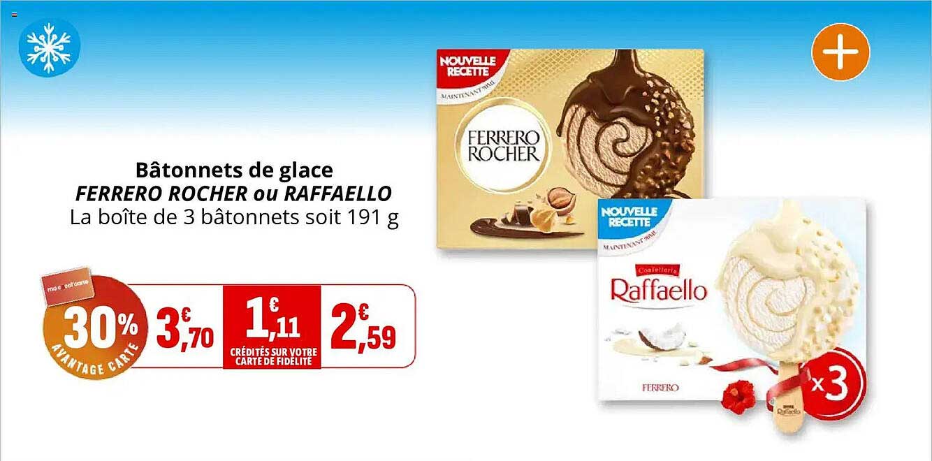 Bâtonnets de glace FERRERO ROCHER ou RAFFAELLO La boîte de 3 bâtonnets soit 191 g