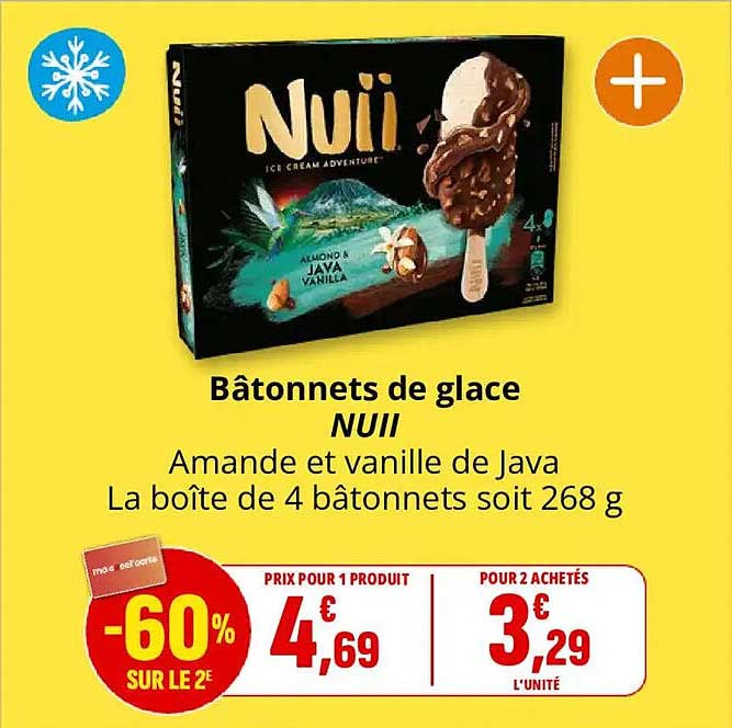Bâtonnets de glace NUII Amande et vanille de Java La boîte de 4 bâtonnets soit 268 g
