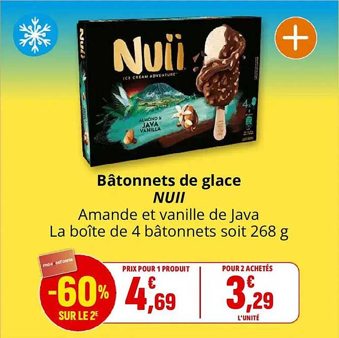 Bâtonnets de glace NUII Amande et vanille de Java La boîte de 4 bâtonnets soit 268 g