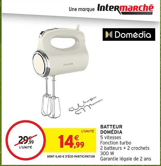 BATTEUR DOMÉDIA 5 vitesses Fonction turbo 2 batteurs + 2 crochets 300 W Garantie légale de 2 ans