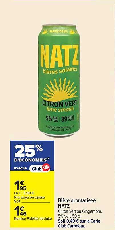 Bière aromatisée NATZ Citron Vert ou Gingembre, 5% vol., 50 cl.