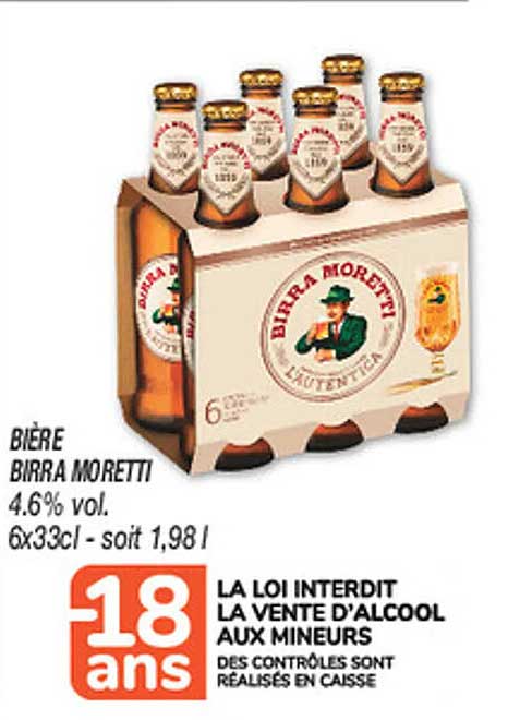BIÈRE BIRRA MORETTI 4.6% vol. 6x33cl - soit 1,98 l