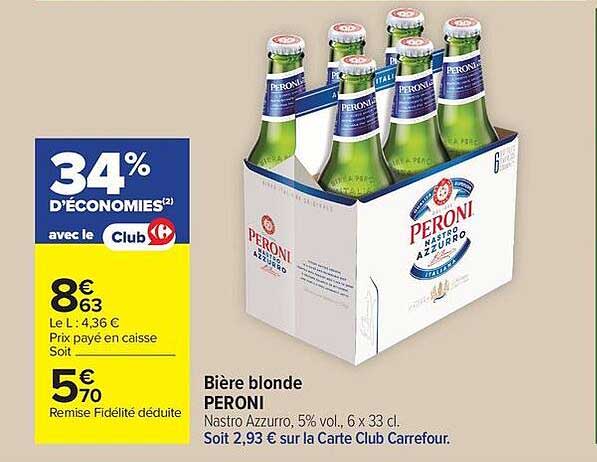 Bière blonde PERONI Nastro Azzurro, 5% vol., 6 x 33 cl.