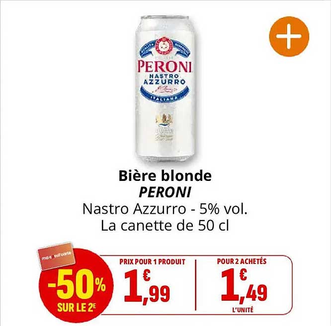 Bière blonde PERONI Nastro Azzurro - 5% vol. La canette de 50 cl