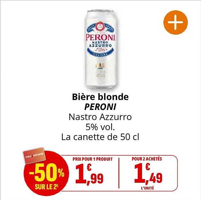 Bière blonde PERONI Nastro Azzurro 5% vol. La canette de 50 cl