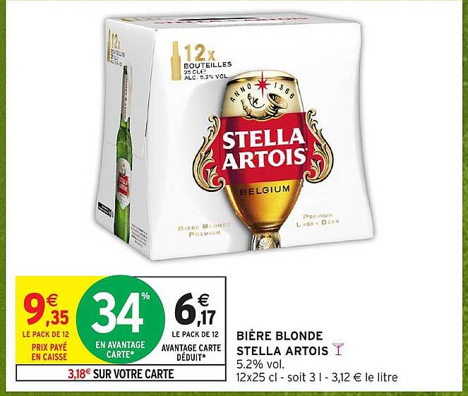 BIÈRE BLONDE STELLA ARTOIS 5.2% vol. 12x25 cl - soit 3 l - 3,12 € le litre