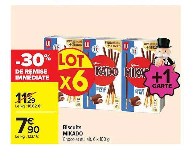 Biscuits MIKADO Chocolat au lait, 6 x 100 g.