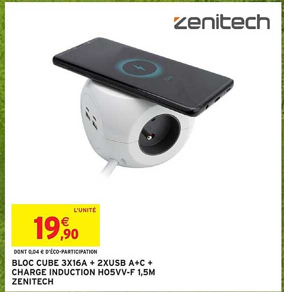 BLOC CUBE 3X16A + 2XUSB A+C + CHARGE INDUCTION H05VV-F 1,5M ZENITECH