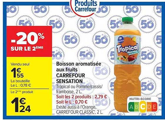 Boisson aromatisée aux fruits CARREFOUR SENSATION Tropical ou Pomme/cassis/framboise, 2 L.