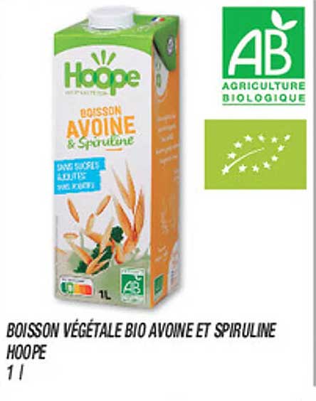 BOISSON VÉGÉTALE BIO AVOINE ET SPIRULINE HOOPE 1 l