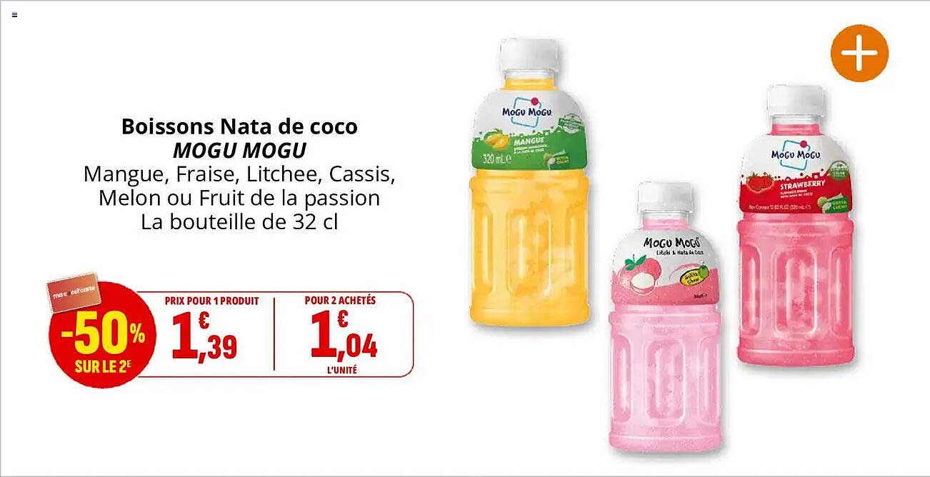 Boissons Nata de coco MOGU MOGU Mangue, Fraise, Litchée, Cassis, Melon ou Fruit de la passion La bouteille de 32 cl