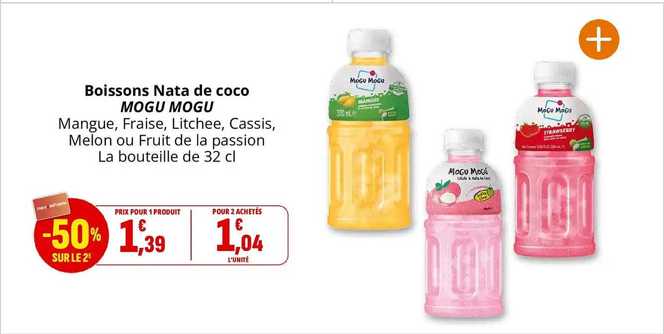 Boissons Nata de coco MOGU MOGU Mangue, Fraise, Litchee, Cassis, Melon ou Fruit de la passion La bouteille de 32 cl