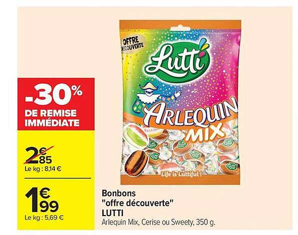 Bonbons "offre découverte" LUTTI Arlequin Mix, Cerise ou Sweety, 350 g.