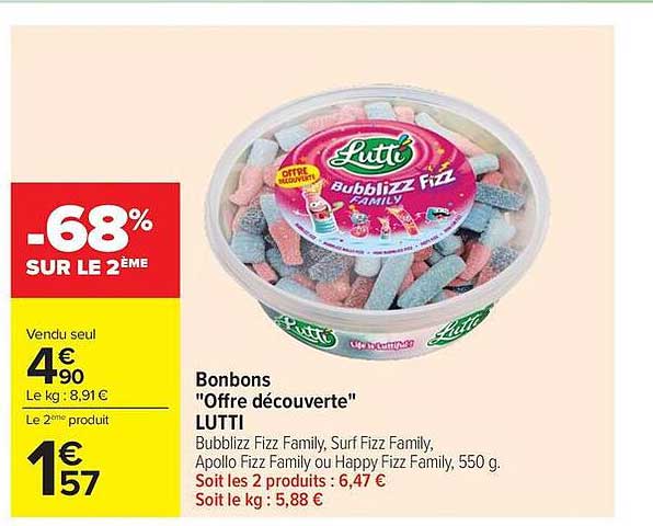 Bonbons "Offre découverte" LUTTI Bubblizz Fizz Family, Surf Fizz Family, Apollo Fizz Family ou Happy Fizz Family, 550 g.