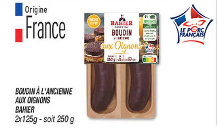 BOUDIN A L'ANCIENNE AUX OIGNONS BAHIER 2x125 g - soit 250 g