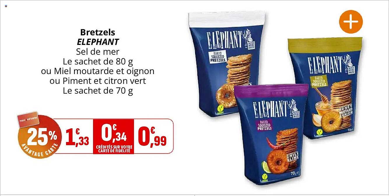 Bretzels ELEPHANT Sel de mer Le sachet de 80 g ou Miel moutarde et oignon ou Piment et citron vert Le sachet de 70 g