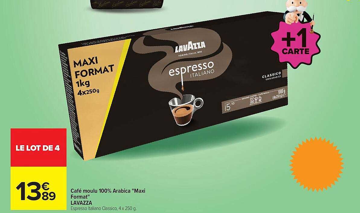 Café moulu 100% Arabica "Maxi Format" LAVAZZA Espresso Italiano Classico, 4 x 250 g.