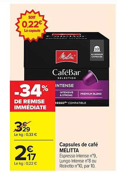 Capsules de café MELITTA Espresso Intense n°9, Lungo Intense n°8 ou Ristretto n°10, par 10.