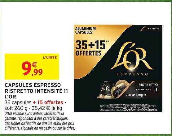 CAPSULES ESPRESSO RISTRETTO INTENSITÉ 11 L'OR 35 capsules + 15 offertes - soit 260 g - 38,42 € le kg