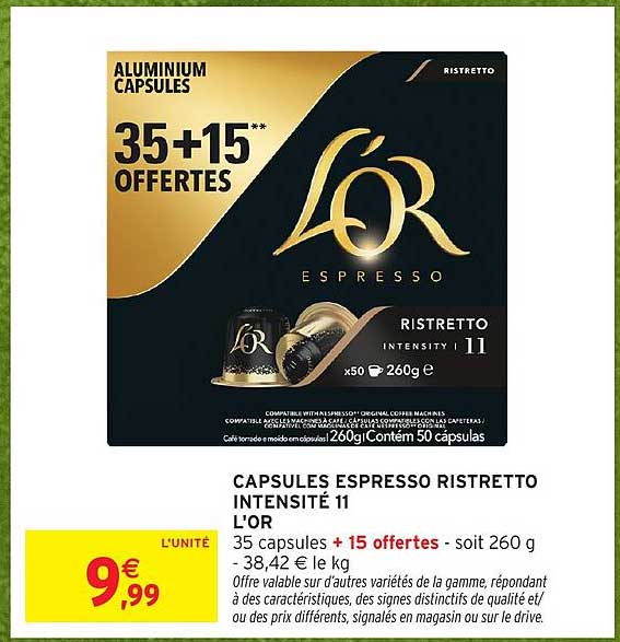 CAPSULES ESPRESSO RISTRETTO INTENSITÉ 11 L'OR 35 capsules + 15 offertes - soit 260 g