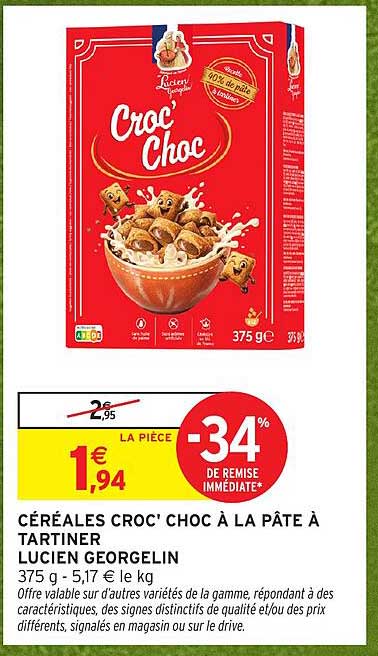 CÉRÉALES CROC' CHOC À LA PÂTE À TARTINER LUCIEN GEORGELIN