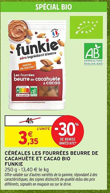 CÉRÉALES LES FOURRÉES BEURRE DE CACAHUÈTE ET CACAO BIO FUNKIE