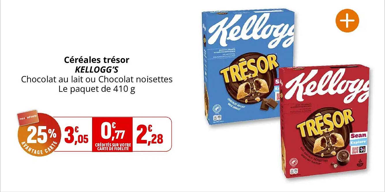 Céréales trésor KELLOGG'S Chocolat au lait ou Chocolat noisettes Le paquet de 410 g