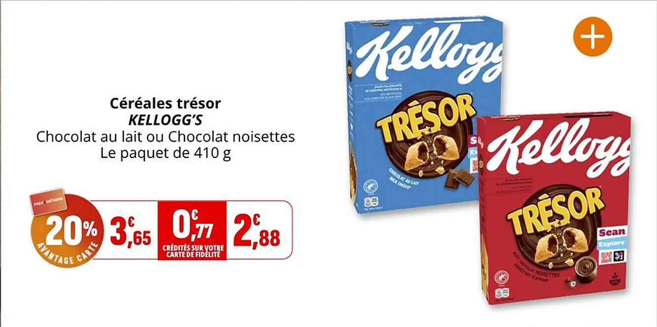 Céréales trésor KELLOGG'S Chocolat au lait ou Chocolat noisettes Le paquet de 410 g