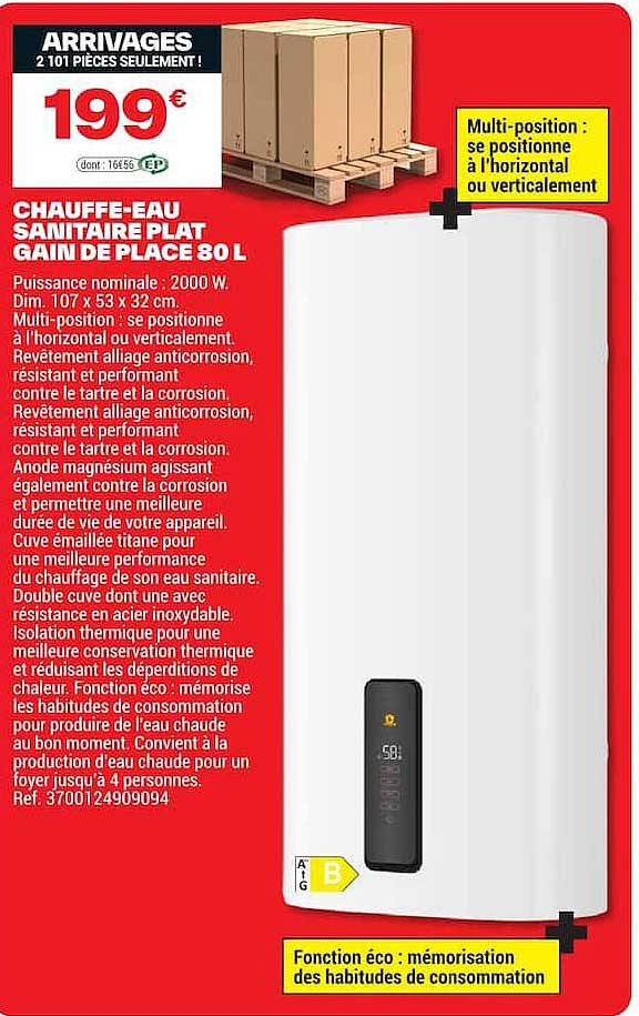 CHAUFFE-EAU SANITAIRE PLAT GAIN DE PLACE 80 L