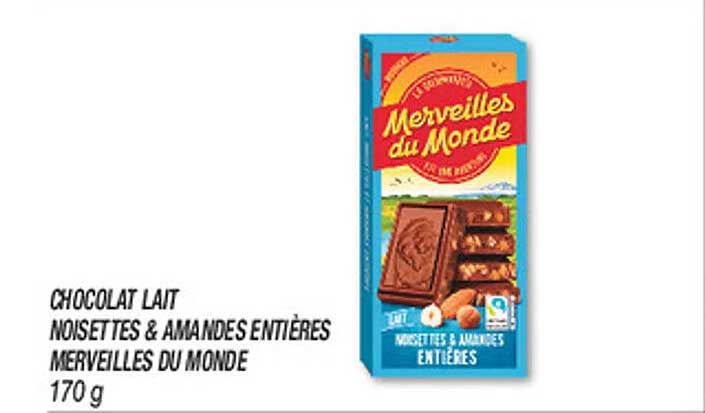 CHOCOLAT LAIT NOISETTES & AMANDES ENTIÈRES MERVEILLES DU MONDE 170 g