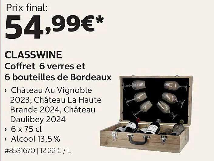 CLASSWINE Coffret 6 verres et 6 bouteilles de Bordeaux