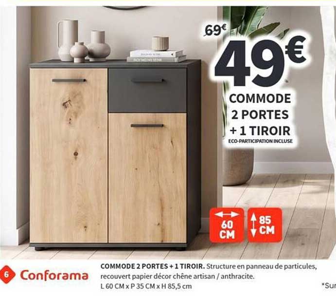 COMMODE 2 PORTES + 1 TIROIR