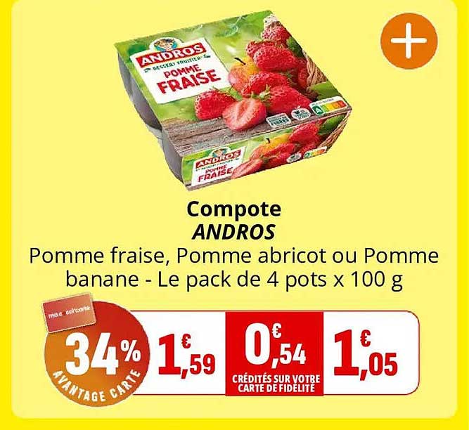 Compote ANDROS Pomme fraise, Pomme abricot ou Pomme banane - Le pack de 4 pots x 100 g