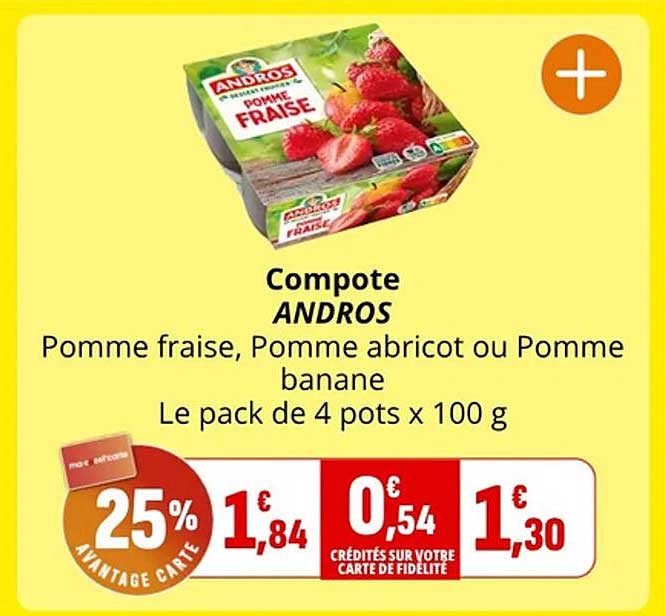 Compote ANDROS Pomme fraise, Pomme abricot ou Pomme banane Le pack de 4 pots x 100 g