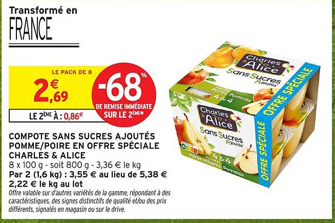 COMPOTE SANS SUCRES AJOUTÉS POMME/POIRE EN OFFRE SPÉCIALE CHARLES & ALICE