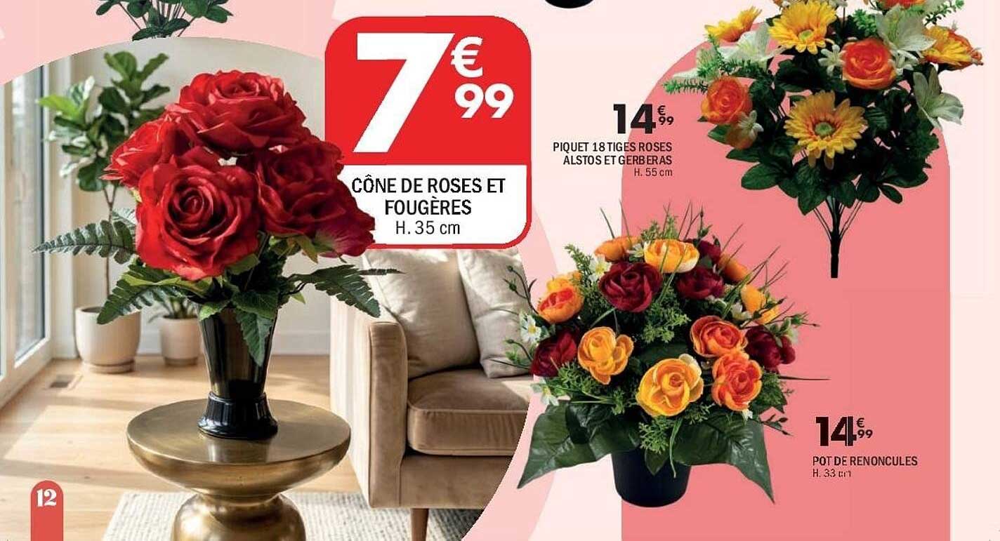CÔNE DE ROSES ET FOUGÈRES H. 35 cm