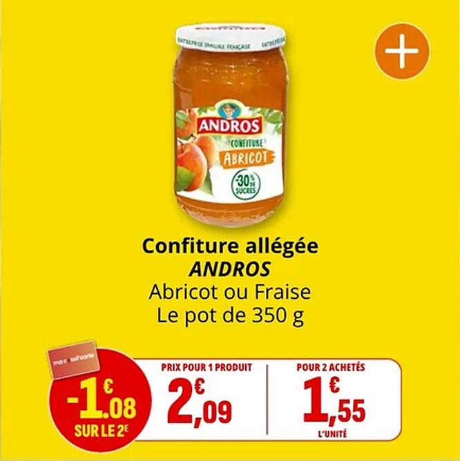 Confiture allégée ANDROS Abricot ou Fraise Le pot de 350 g