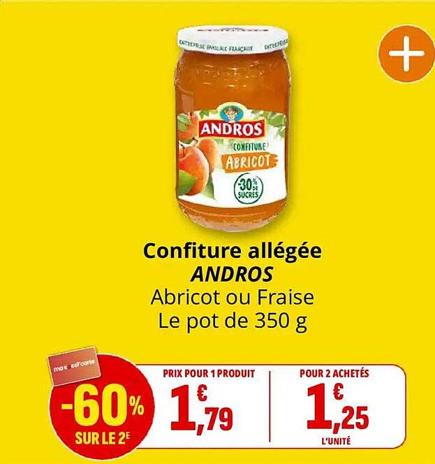 Confiture allégée ANDROS Abricot ou Fraise Le pot de 350 g
