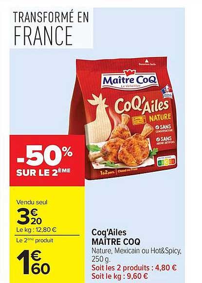 Coq'Ailes MAITRE COQ Nature, Mexican ou Hot&Spicy, 250 g