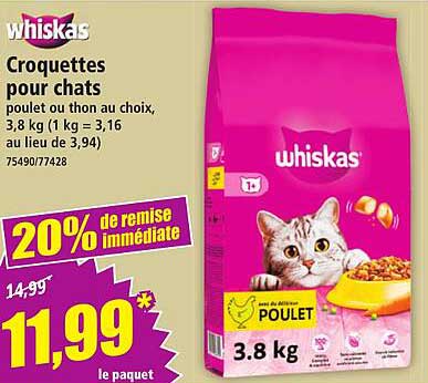 Croquettes pour chats poulet ou thon au choix, 3,8 kg