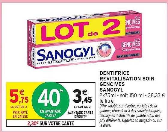DENTIFRICE REVITALISATION SOIN GENCIVES SANOGYL 2x75ml - soit 150 ml - 38,33 € le litre