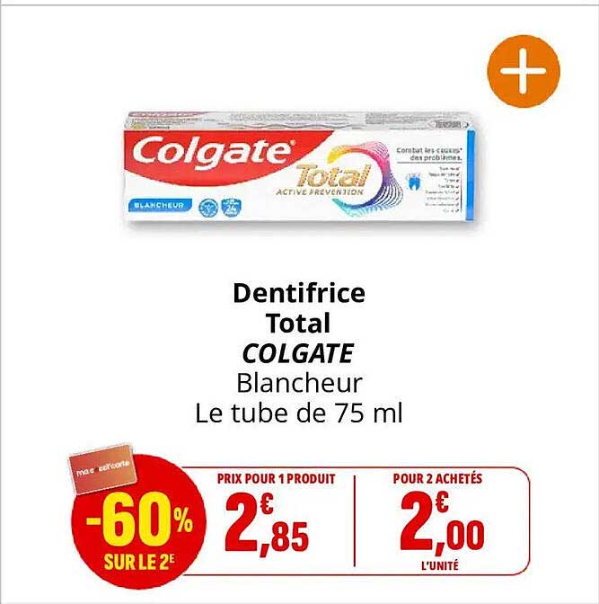 Dentifrice Total COLGATE Blancheur Le tube de 75 ml