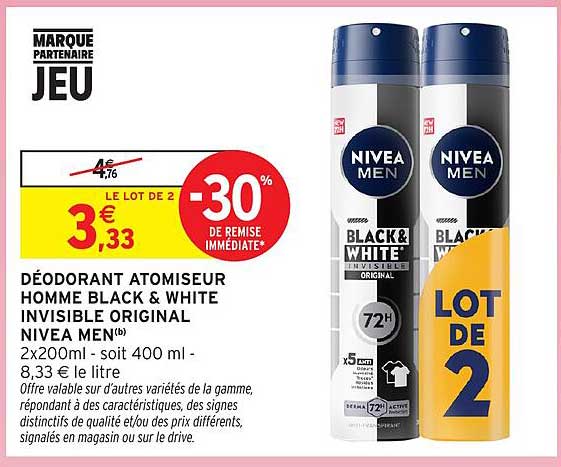 DÉODORANT ATOMISEUR HOMME BLACK & WHITE INVISIBLE ORIGINAL NIVEA MEN