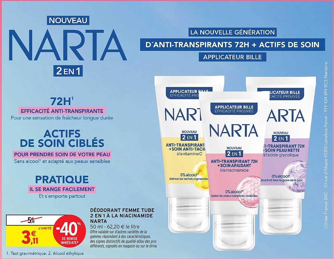 DÉODORANT FEMME TUBE 2 EN 1 À LA NIACINAMIDE NARTA