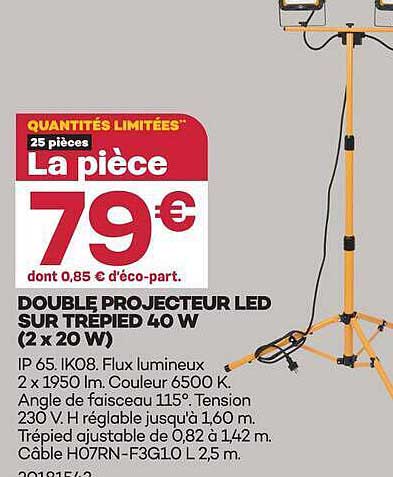 DOUBLE PROJECTEUR LED SUR TREPIED 40 W (2 x 20 W)