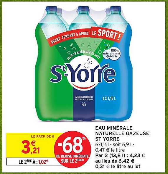 EAU MINÉRALE NATURELLE GAZEUSE ST YORRE 6x1,15l - soit 6,9 l - 0,47 € le litre